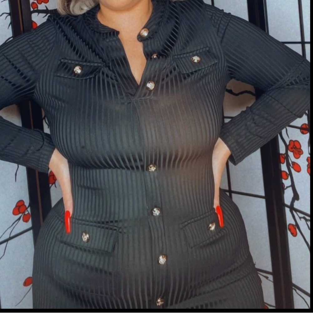 Black Button Down Midi Dress with Gold Button Long Sleeve Work to Evening Dress - Picture 3 of 6